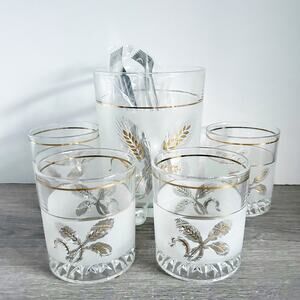 Vintage MID-CENTURY ITALY Frosted Glass Tumblers & Ice Cocktail Set 5 Piece Set